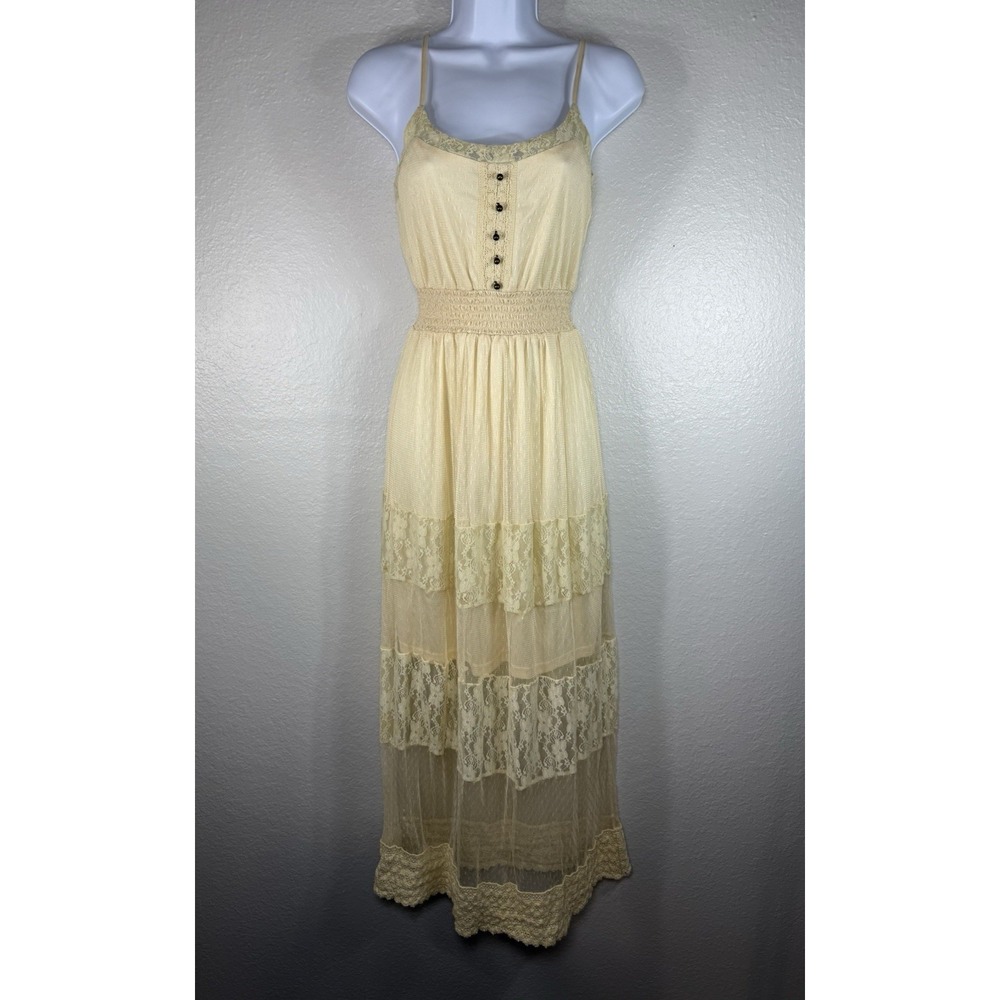 Women's light yellow tiered lace maxi dress Size S Mesh coquette cottagecore